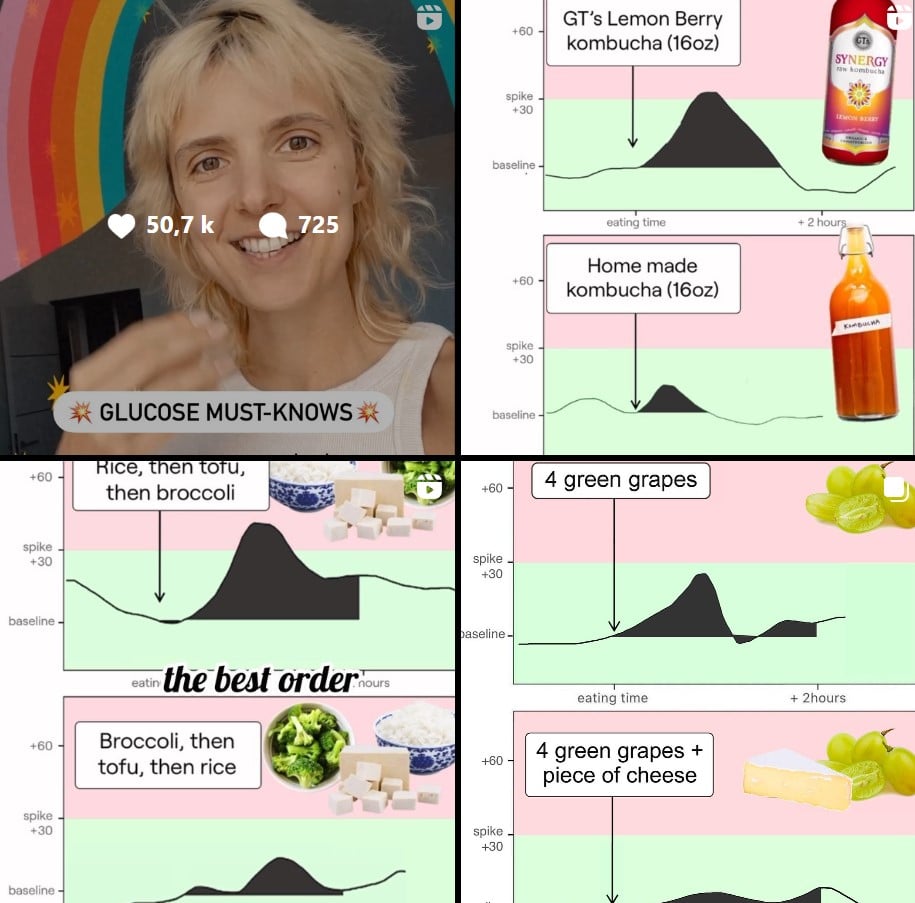 Capture du compte Instagram de Jessie Inchauspé qui recommande d'abandonner le comptage des calories, mais sa préoccupation excessive pour la glycémie pourrait mener ses followers vers de nouvelles fixations alimentaires