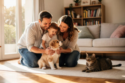 Famille française accueillant un chiot et un chat dans son salon, ambiance chaleureuse