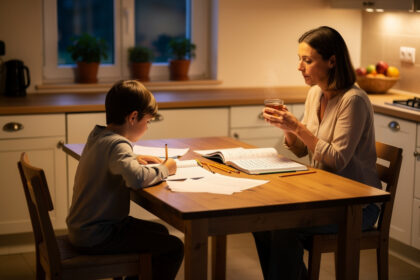 Enfant qui travaille à une table de cuisine, cahier et stylo en main, parent à proximité.