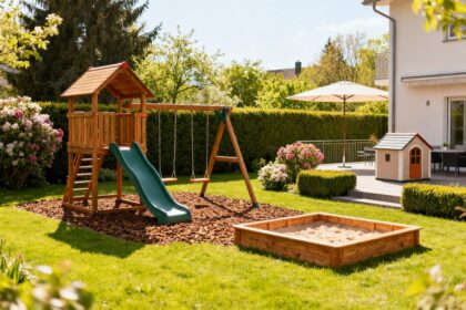 Aire de jeux en bois avec toboggan, balançoire et bac à sable dans un jardin familial ensoleillé