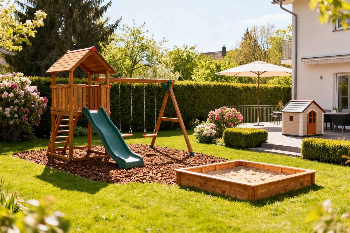 Aire de jeux en bois avec toboggan, balançoire et bac à sable dans un jardin familial ensoleillé