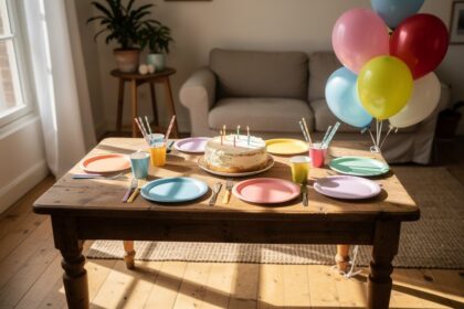 Table d'anniversaire d'enfant dressée dans un salon familial avec gâteau, bougies et ballons.
