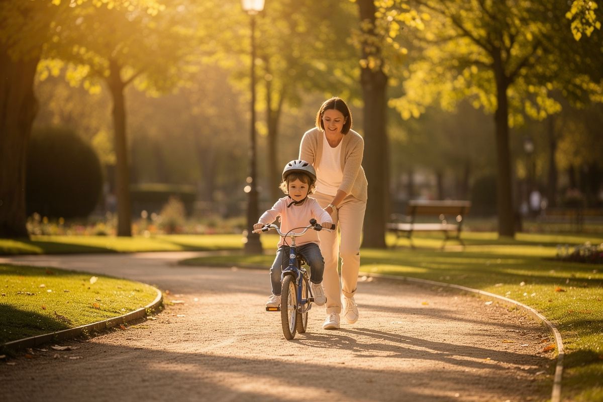 Enfant d'environ cinq ans apprenant à pédaler dans une allée bordée d'arbres, parent en accompagnement.