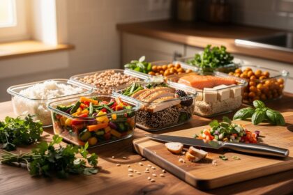 Boîtes en verre alignées sur un plan de travail, garnies de légumes, céréales et protéines pour la semaine.