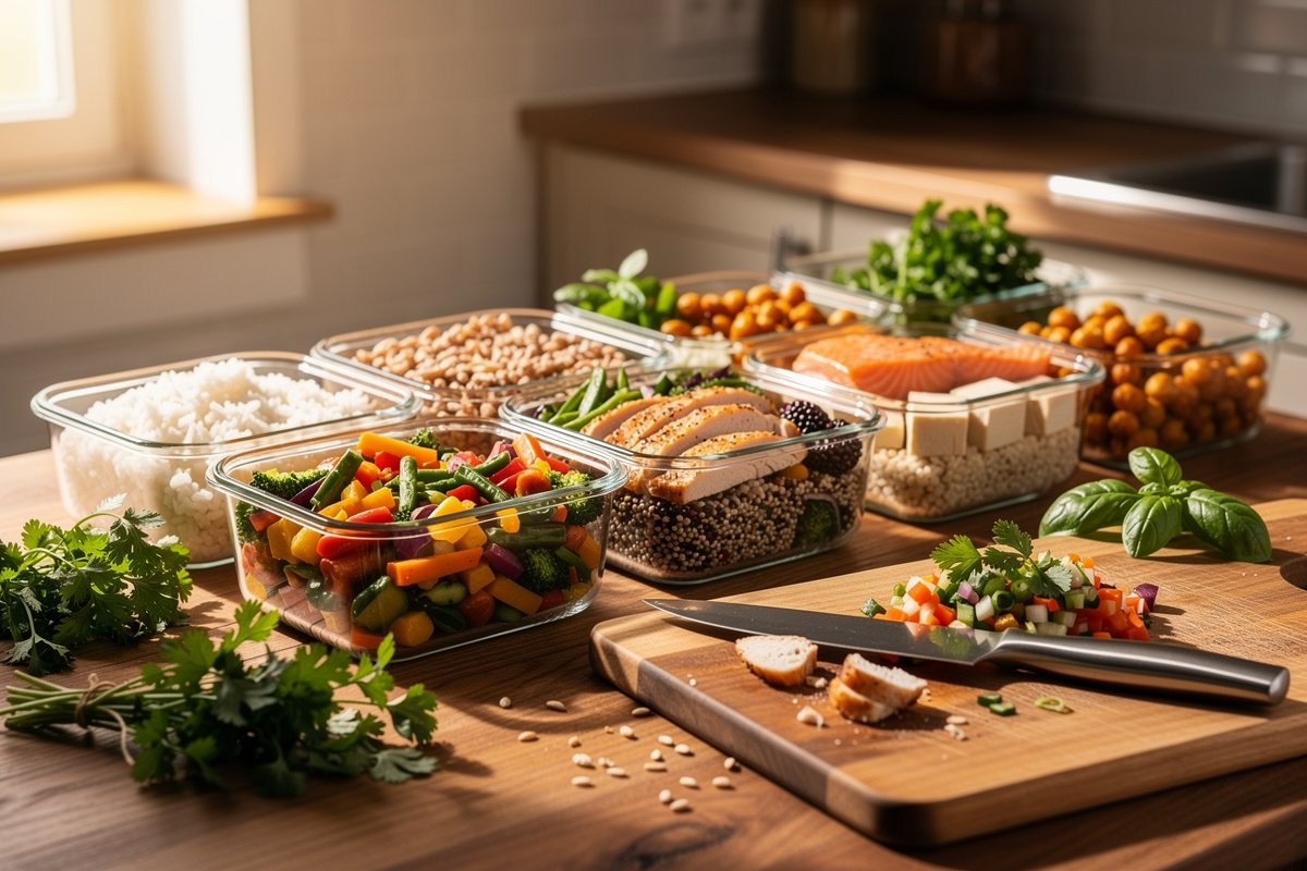 Boîtes en verre alignées sur un plan de travail, garnies de légumes, céréales et protéines pour la semaine.
