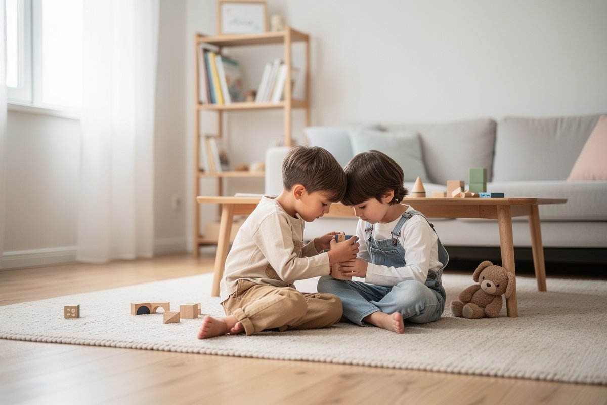 Deux enfants jouant ensemble dans un salon lumineux et chaleureux.