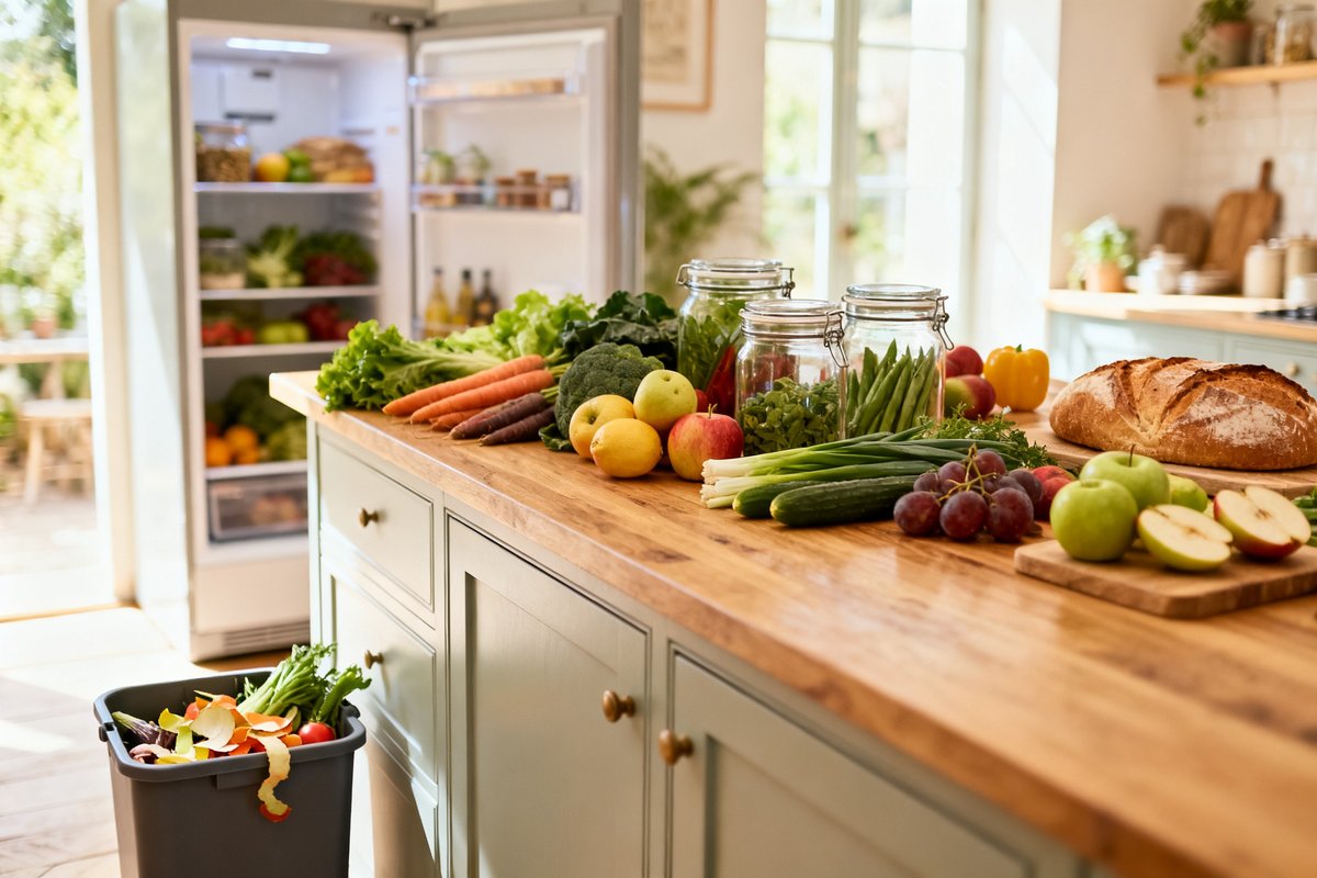Plan de travail garni de légumes, fruits et pain frais, réfrigérateur ouvert et petit bac à compost dans une cuisine claire