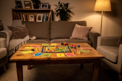 Salon familial avec une boîte de jeu de société ouverte sur la table basse, cartes et dés disposés.