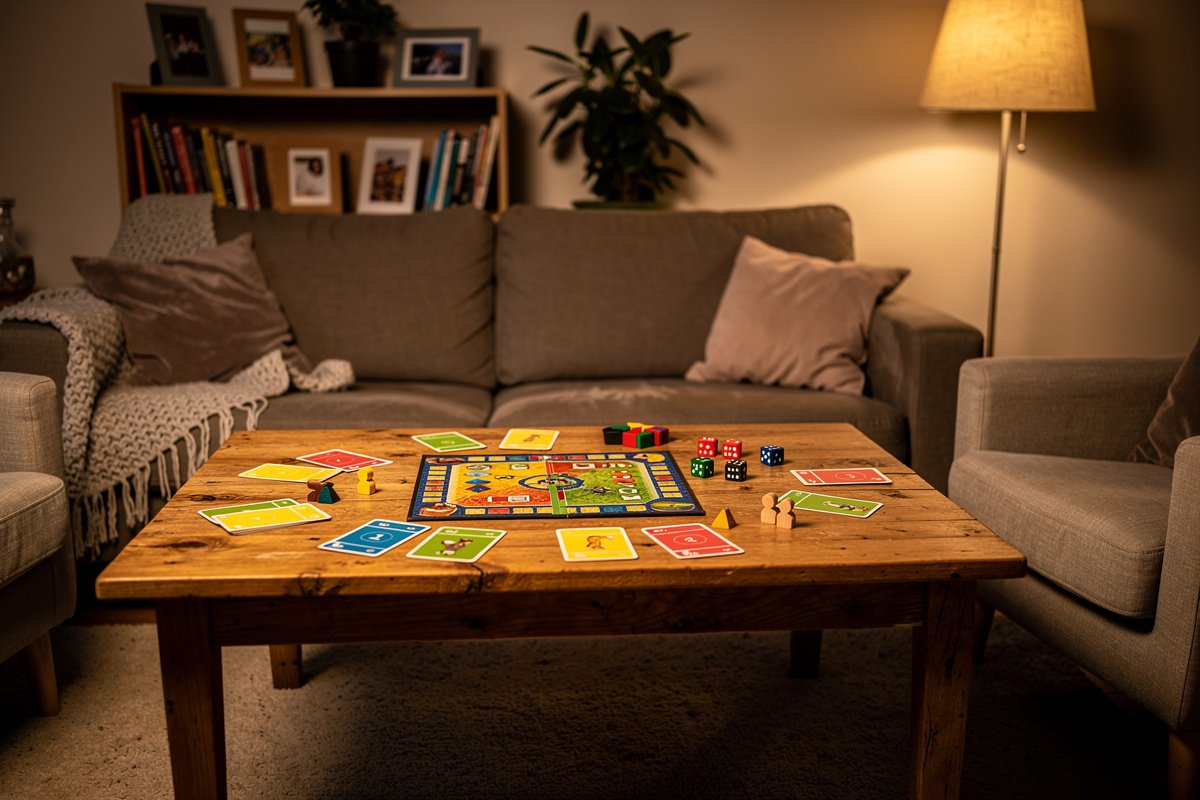 Salon familial avec une boîte de jeu de société ouverte sur la table basse, cartes et dés disposés.