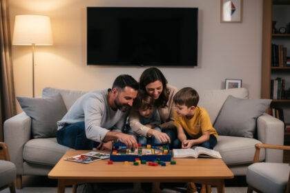 Famille rassemblée dans un salon chaleureux autour d'un jeu de société, télévision éteinte en arrière-plan.