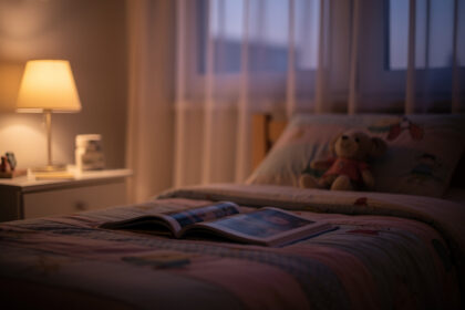 Chambre d'enfant à la tombée du jour, lampe de chevet allumée, livre ouvert sur le lit et peluche posée à côté.