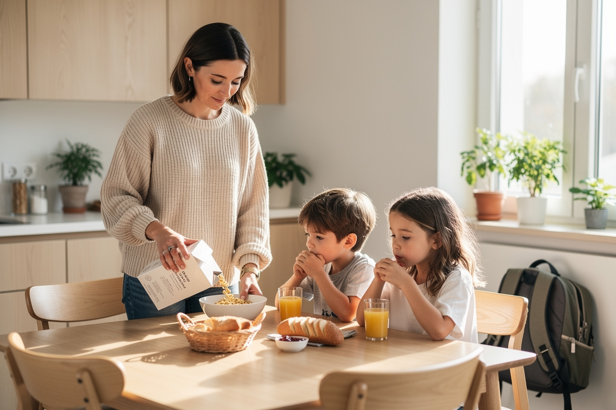 Famille en train de prendre le petit-déjeuner dans une cuisine lumineuse, sacs d'école posés sur une chaise