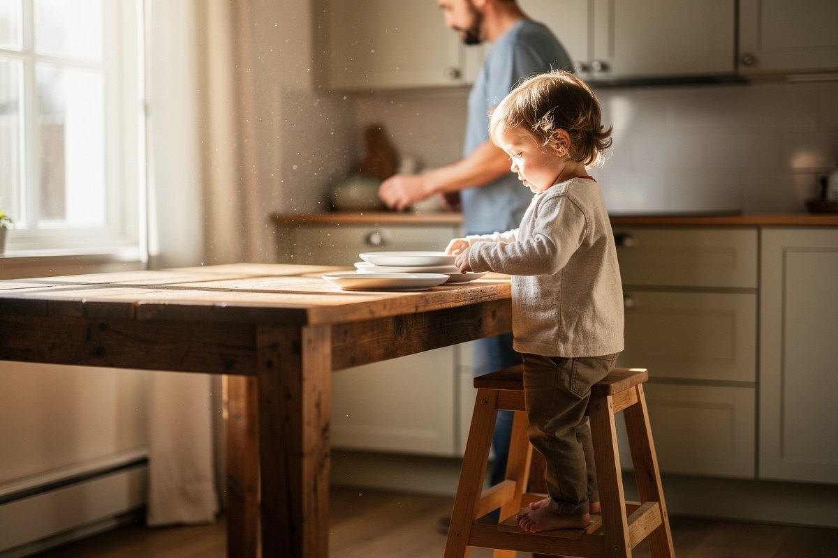 Enfant aidant à mettre la table dans une cuisine ensoleillée, parent en arrière-plan flou