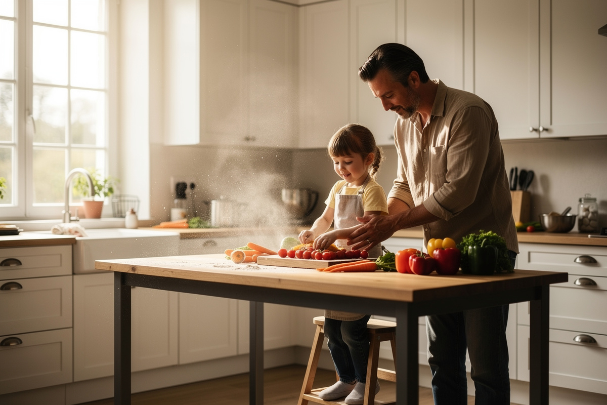 Un parent et un jeune enfant cuisinent ensemble dans une cuisine claire, l'enfant sur un petit marchepied à hauteur du plan de travail.