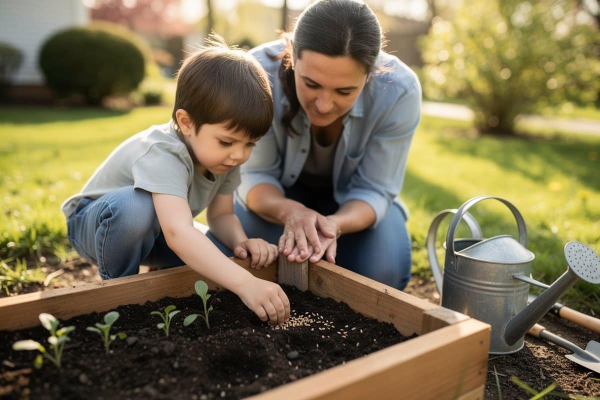 Un parent et un enfant agenouillés ensemble près d'un petit carré potager au jardin, semant des graines.