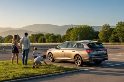 Famille avec enfants en pause sur une aire d'autoroute à côté de la voiture par une belle journée.