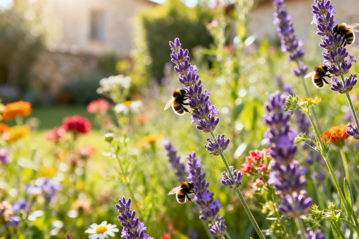 Abeilles et bourdons butinant des fleurs de lavande dans un jardin ensoleillé.