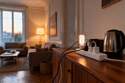 Salon contemporain en soirée avec une multiprise à interrupteur et plusieurs appareils branchés