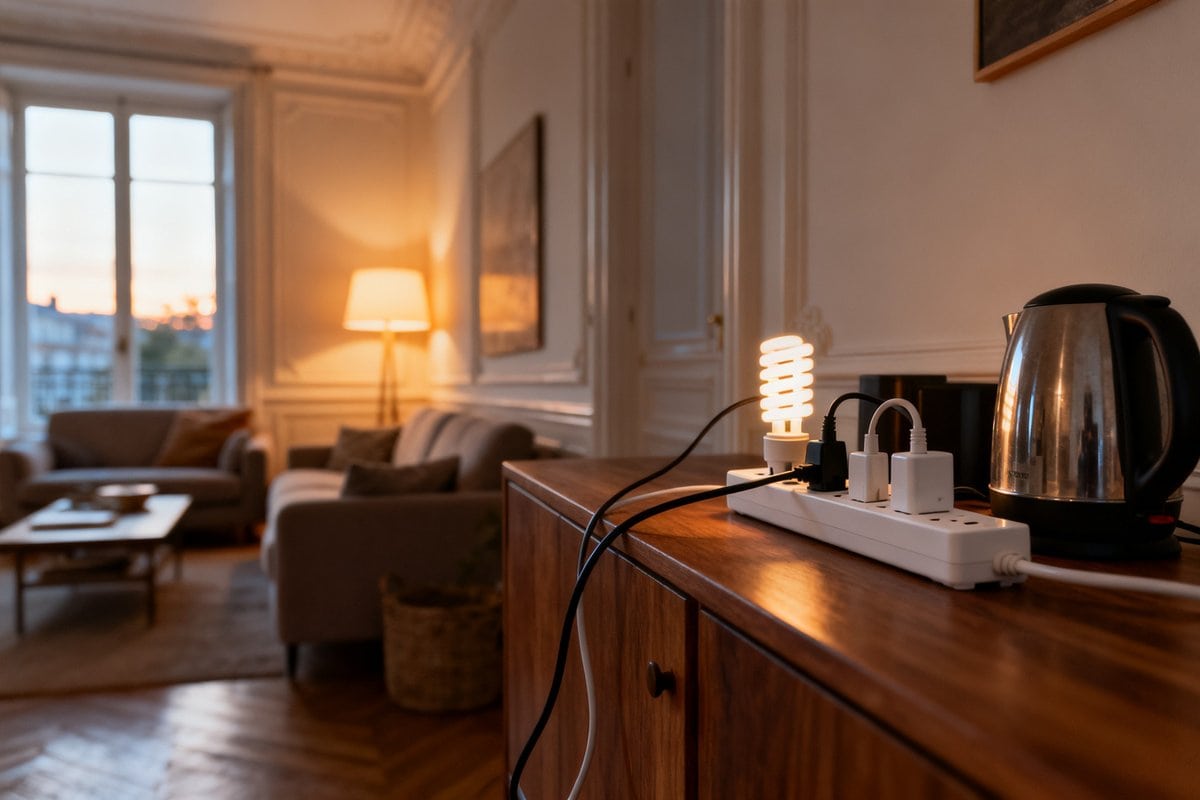 Salon contemporain en soirée avec une multiprise à interrupteur et plusieurs appareils branchés