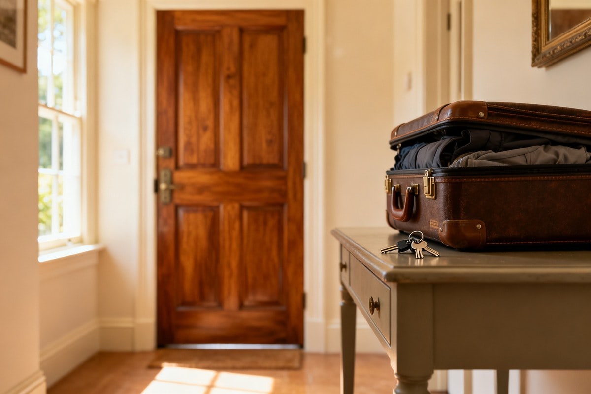 Valise prête et trousseau de clés posés près d'une porte d'entrée fermée, lumière d'été.