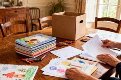 Cahiers d'école et dessins d'enfant triés sur une table en bois, avec une boîte de conservation en carton