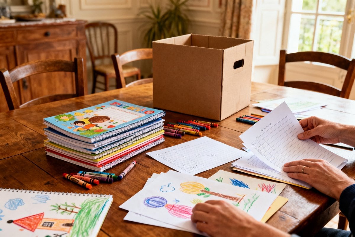 Cahiers d'école et dessins d'enfant triés sur une table en bois, avec une boîte de conservation en carton