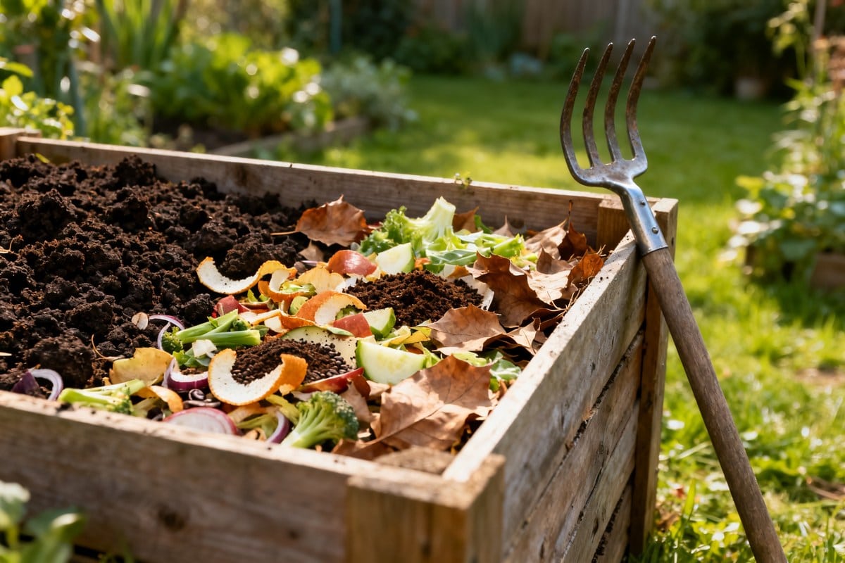 Bac à compost en bois rempli d'épluchures, de marc de café et de feuilles sèches dans un jardin.