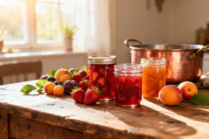 Pots de confiture maison et fruits d'été frais posés sur une table de cuisine en bois.