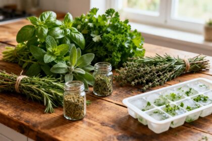 Herbes aromatiques fraiches, bocaux d'herbes sechees et bac a glacons sur une table de cuisine en bois.