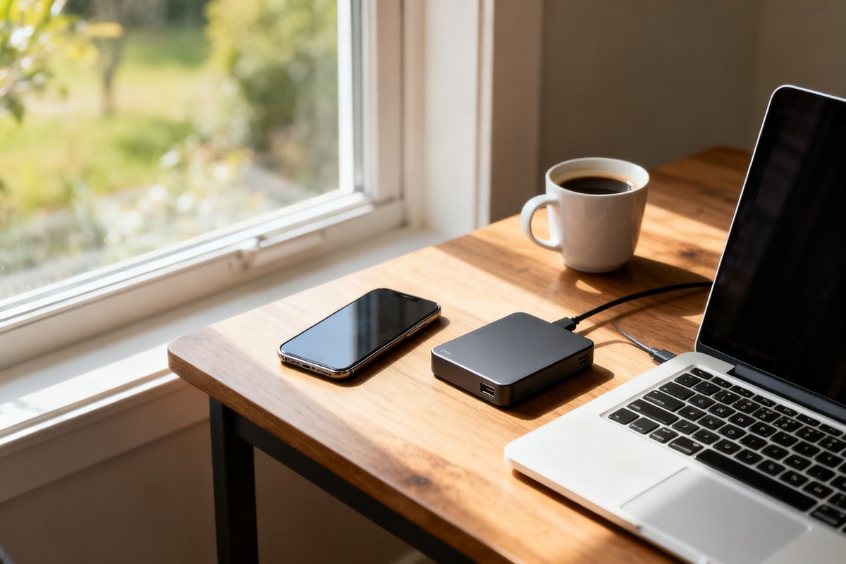 Bureau en bois épuré près d'une fenêtre avec un smartphone, un ordinateur portable et un disque dur externe rangés.