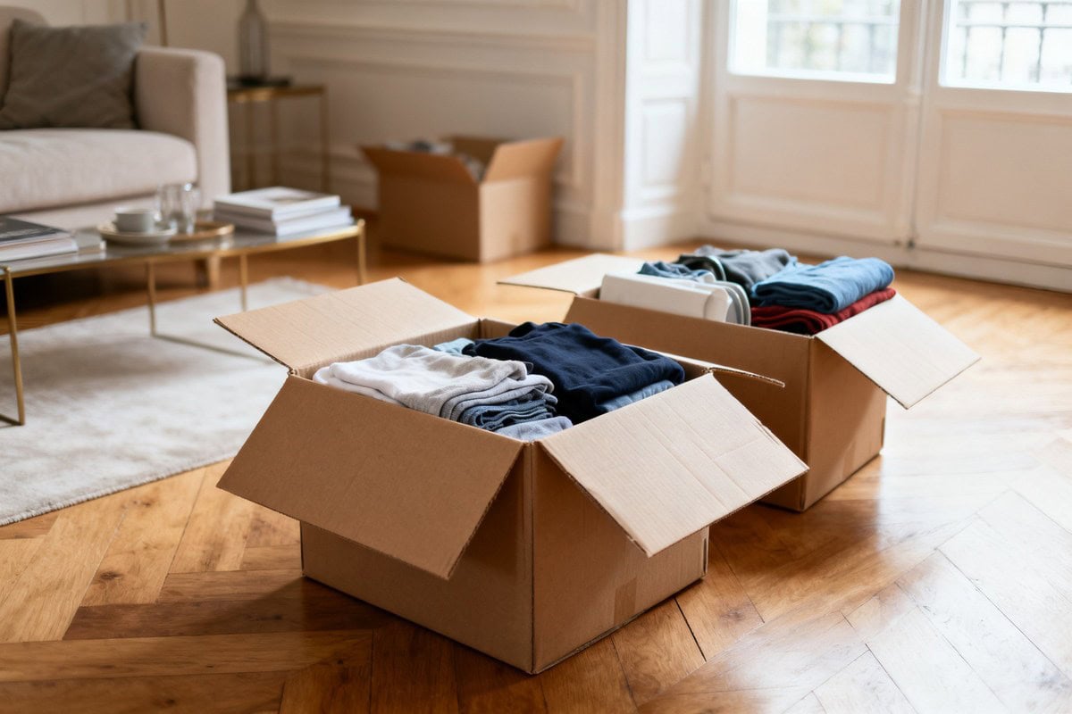 Salon ordonné avec des cartons de vêtements pliés et d'objets prêts à être triés près d'une fenêtre lumineuse