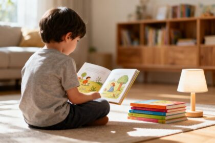 Un jeune enfant vu de dos, assis par terre, absorbé dans la lecture d'un album illustré dans un salon lumineux.