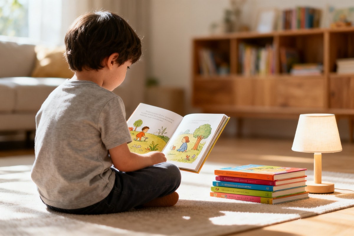 Un jeune enfant vu de dos, assis par terre, absorbé dans la lecture d'un album illustré dans un salon lumineux.