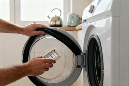 Mains nettoyant le filtre et le joint de porte d'un lave-linge blanc dans une buanderie lumineuse.