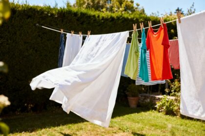 Du linge blanc et des vêtements suspendus sur un fil tendu dans un jardin ensoleillé l'été.