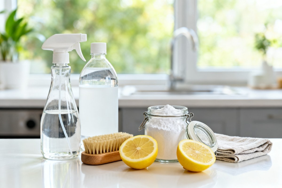 Flacon pulvérisateur, bouteille de vinaigre blanc, bicarbonate et citron posés sur un plan de travail de cuisine.