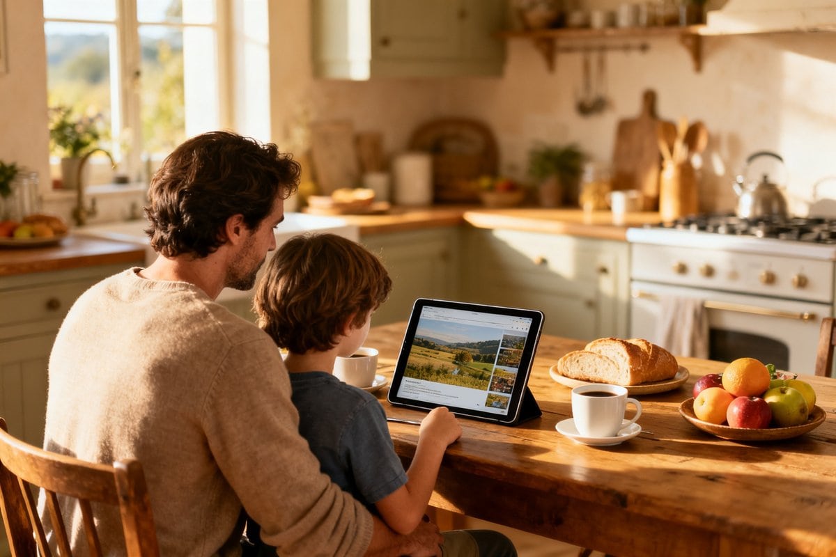 Parent et enfant de dos consultant une tablette à la table de la cuisine