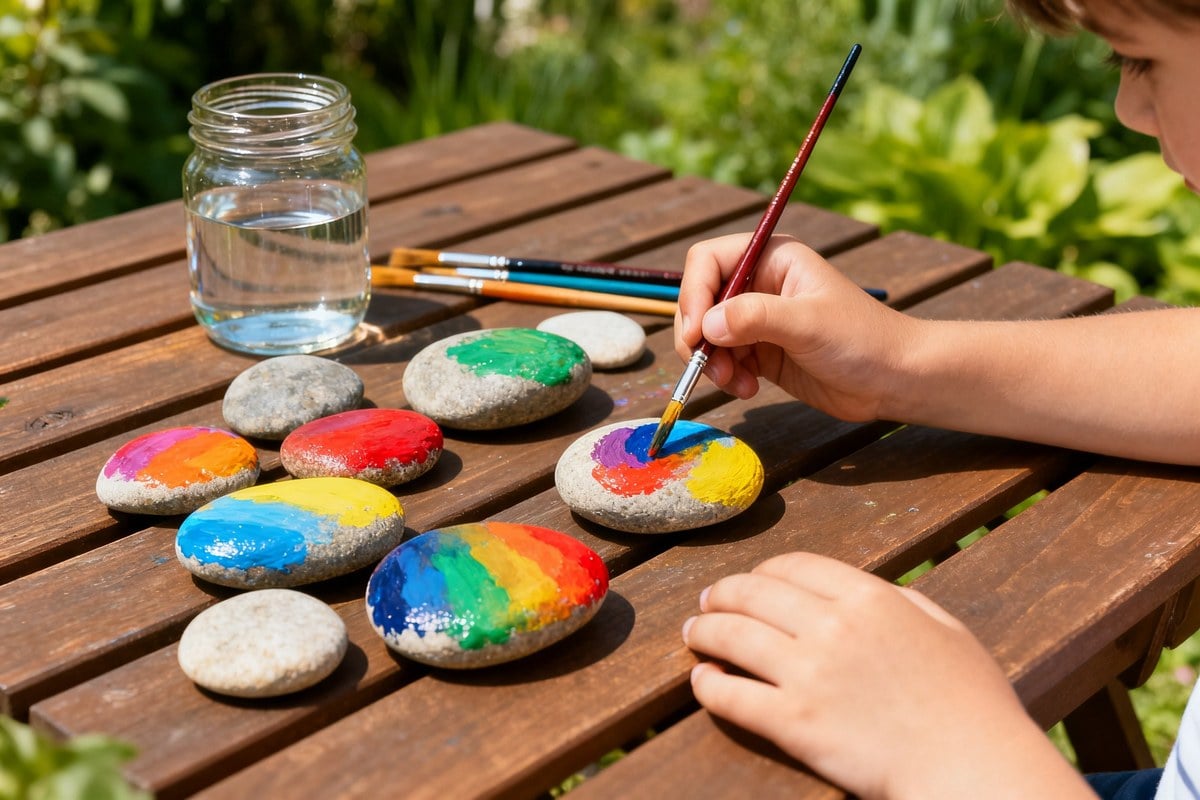 Mains d'enfants peignant des galets aux couleurs vives sur une table de jardin, en plein été.