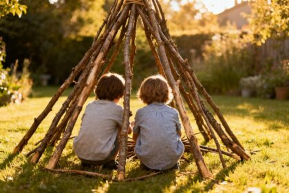 Deux enfants de dos construisant une cabane en branches sur une pelouse, par un après-midi d'été ensoleillé.