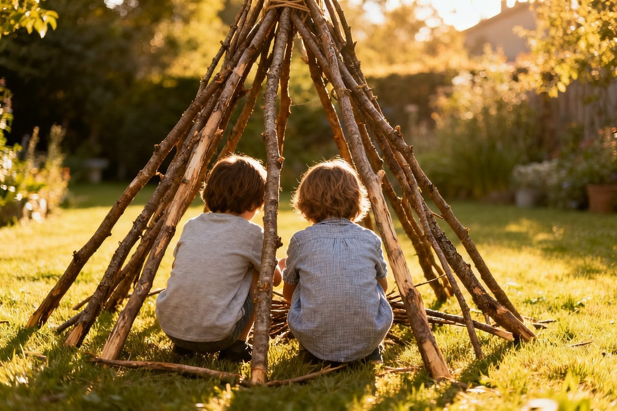 Deux enfants de dos construisant une cabane en branches sur une pelouse, par un après-midi d'été ensoleillé.