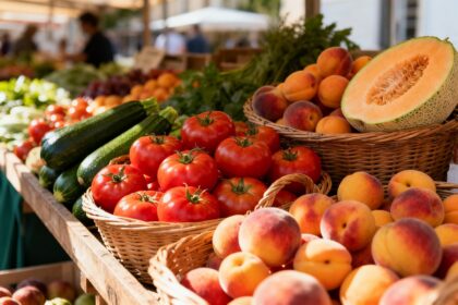 Étal de marché garni de fruits et légumes d'été frais, tomates, pêches, courgettes et melon dans des paniers en osier