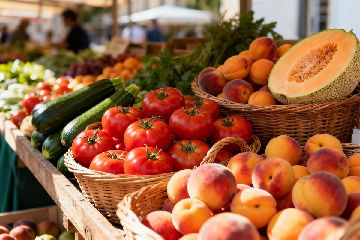 Étal de marché garni de fruits et légumes d'été frais, tomates, pêches, courgettes et melon dans des paniers en osier
