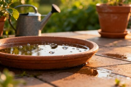 Eau de pluie stagnant dans la soucoupe d'un pot de fleurs sur une terrasse de jardin.