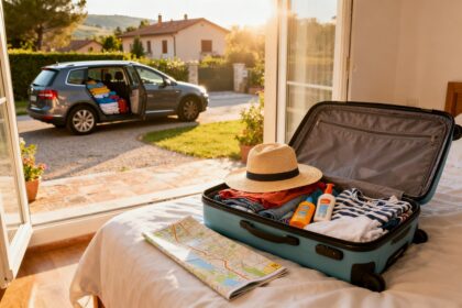 Valise ouverte garnie d'affaires d'été et carte routière sur un lit, voiture chargée visible par la fenêtre.