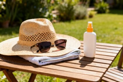 Chapeau de paille à bord large, lunettes de soleil et tube de crème solaire sur une table de jardin ensoleillée