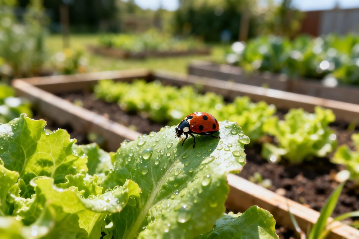 Une coccinelle posée sur une feuille verte dans un potager ensoleillé, parmi de jeunes plants de légumes.