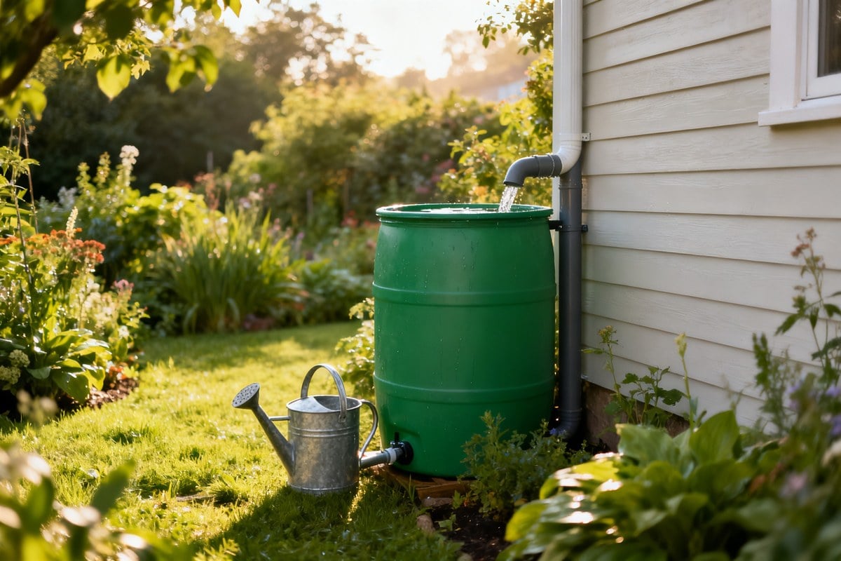 Récupérateur d'eau de pluie vert raccordé à la gouttière d'une maison, dans un jardin d'été, un arrosoir posé à côté