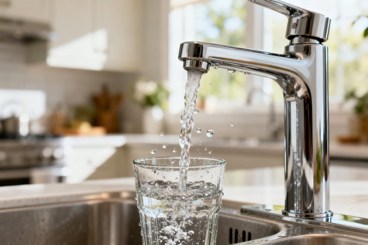 Eau claire coulant d'un robinet de cuisine dans un verre, gouttes en lumière du jour.