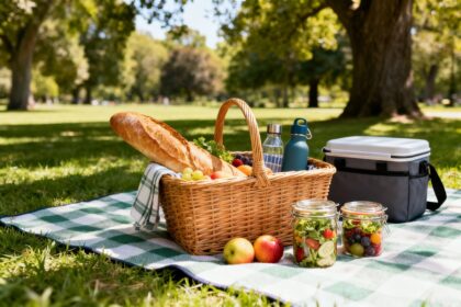 Panier de pique-nique en osier sur une nappe à carreaux dans l'herbe, avec pain, fruits et salades