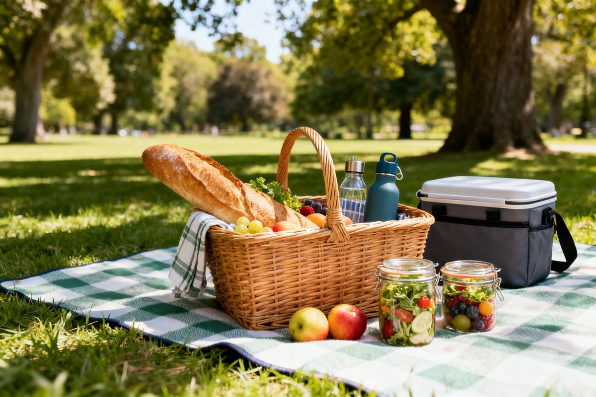 Panier de pique-nique en osier sur une nappe à carreaux dans l'herbe, avec pain, fruits et salades